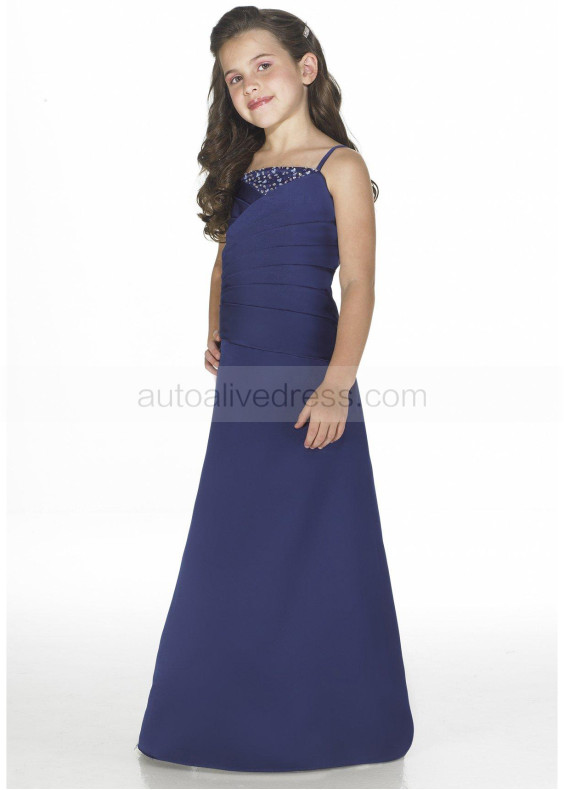 Spaghetti Straps Beaded Blue Satin Junior Bridesmaid Dress